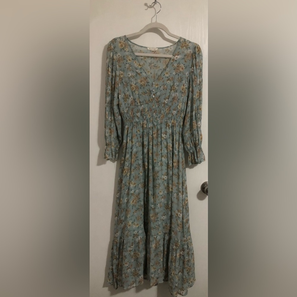 Light Blue Green Floral V-Neck Maxi Dress